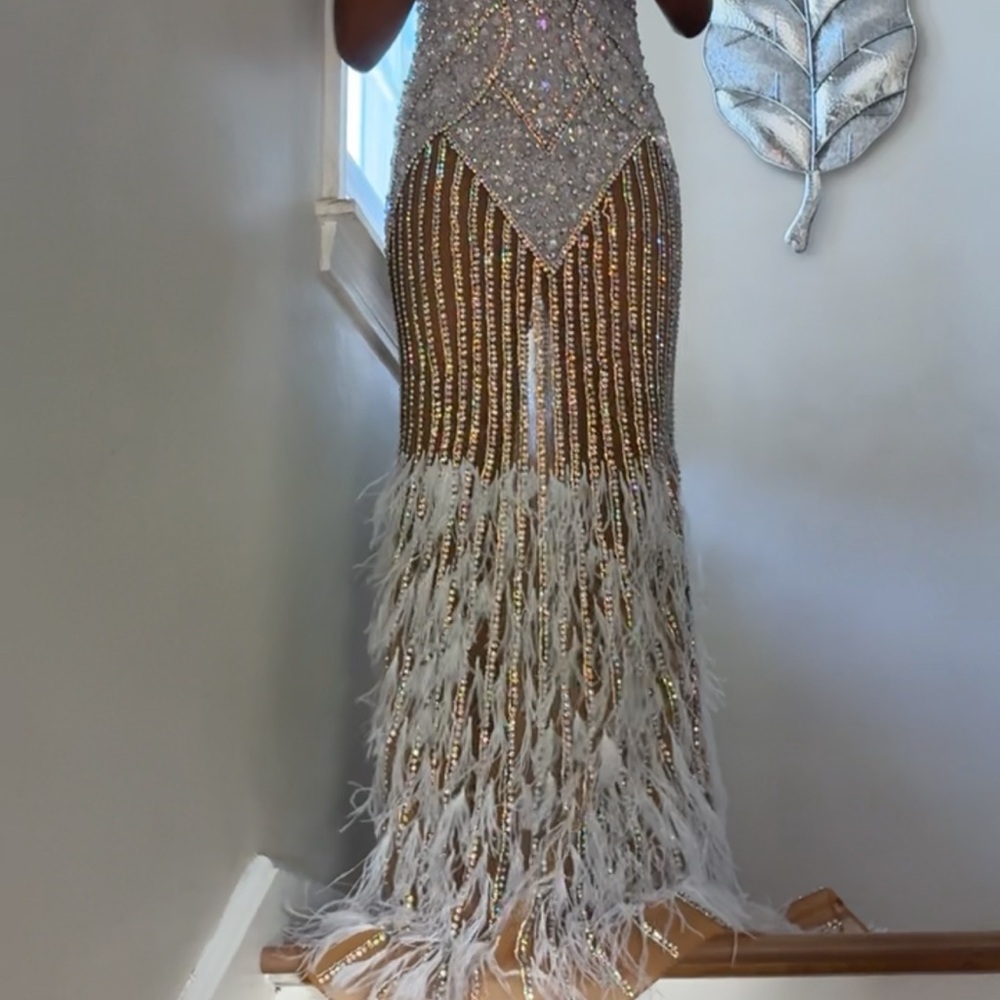 Portia and Scarlett Silver and Gold Feathered Prom Dress
